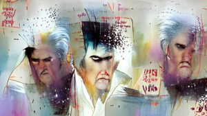 Elvis Presley is old and angry gray hair by bill sienkiewicz VQGAN