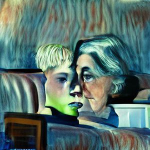 A boy and his grandma watch TV in the living room in the style of Edward Hopper