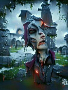 A vampire in a churchyard on a rainy night