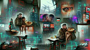Eating pizza in a cyberpunk city