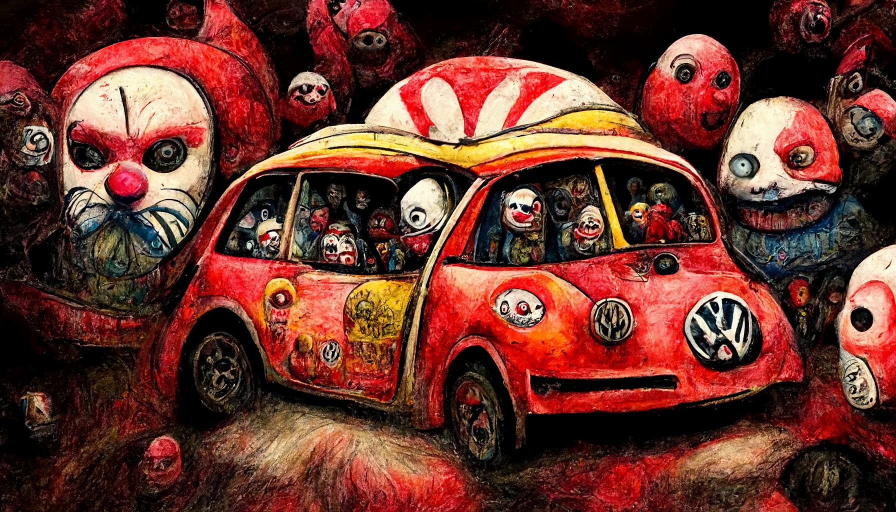 AI image clown car small bright red VW bug full of clown